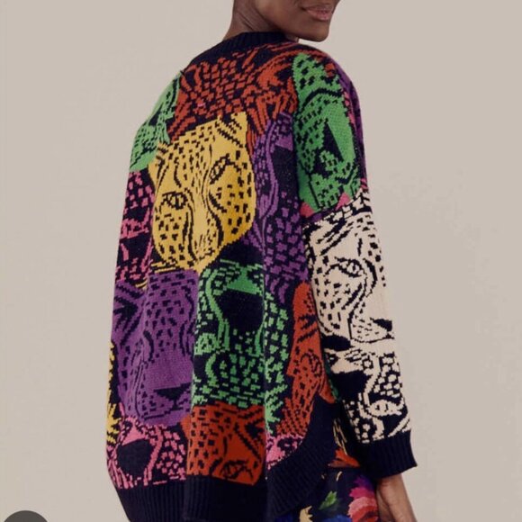 FARM Rio Rainbow Mixed Midnight Leopards Colorful Chunky Knit Pullover Sweater - Picture 3 of 16